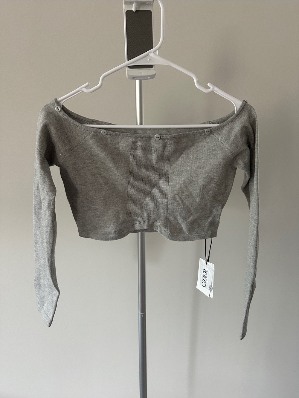 Cider Gray Off-Shoulder Ribbed Button Crop Top